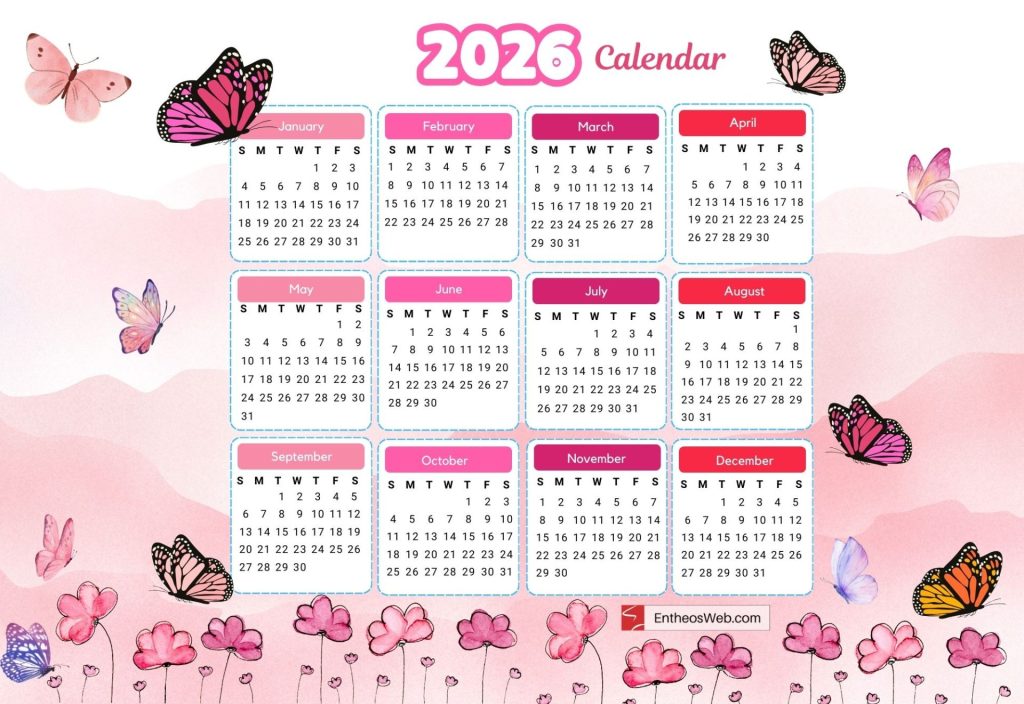 Pink background with butterflies free gif calendar 2026   animated yearly