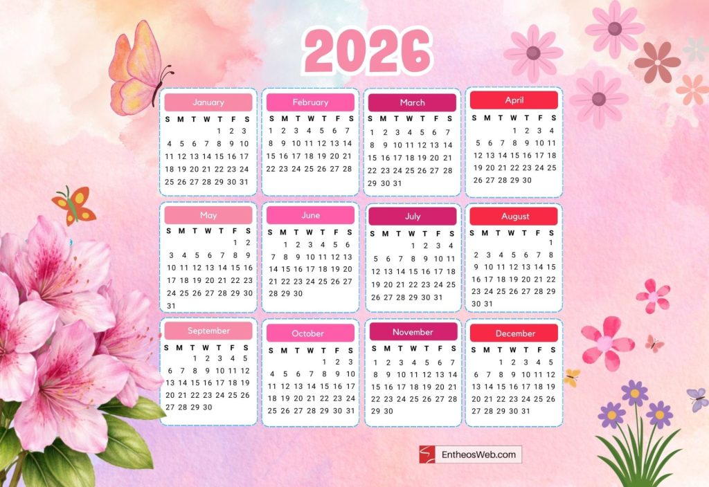 Pink watercolor background with flowers and butterflies free yearly calendar 2026