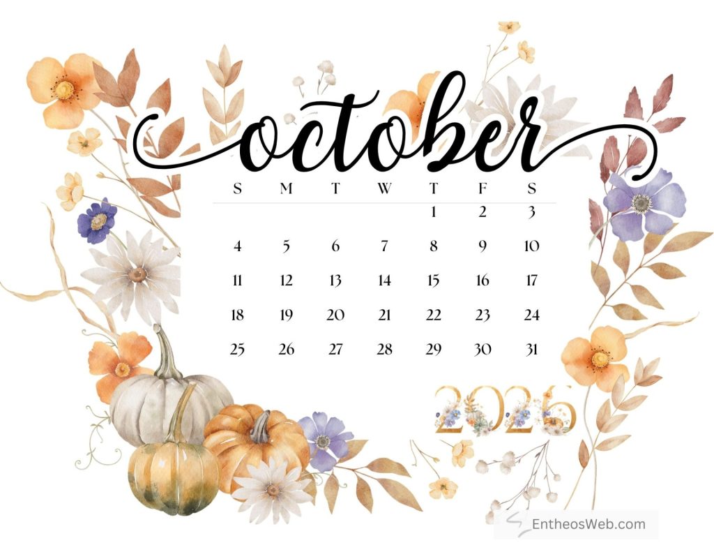 Printable october 2025 calendar pumpkins by entheosweb