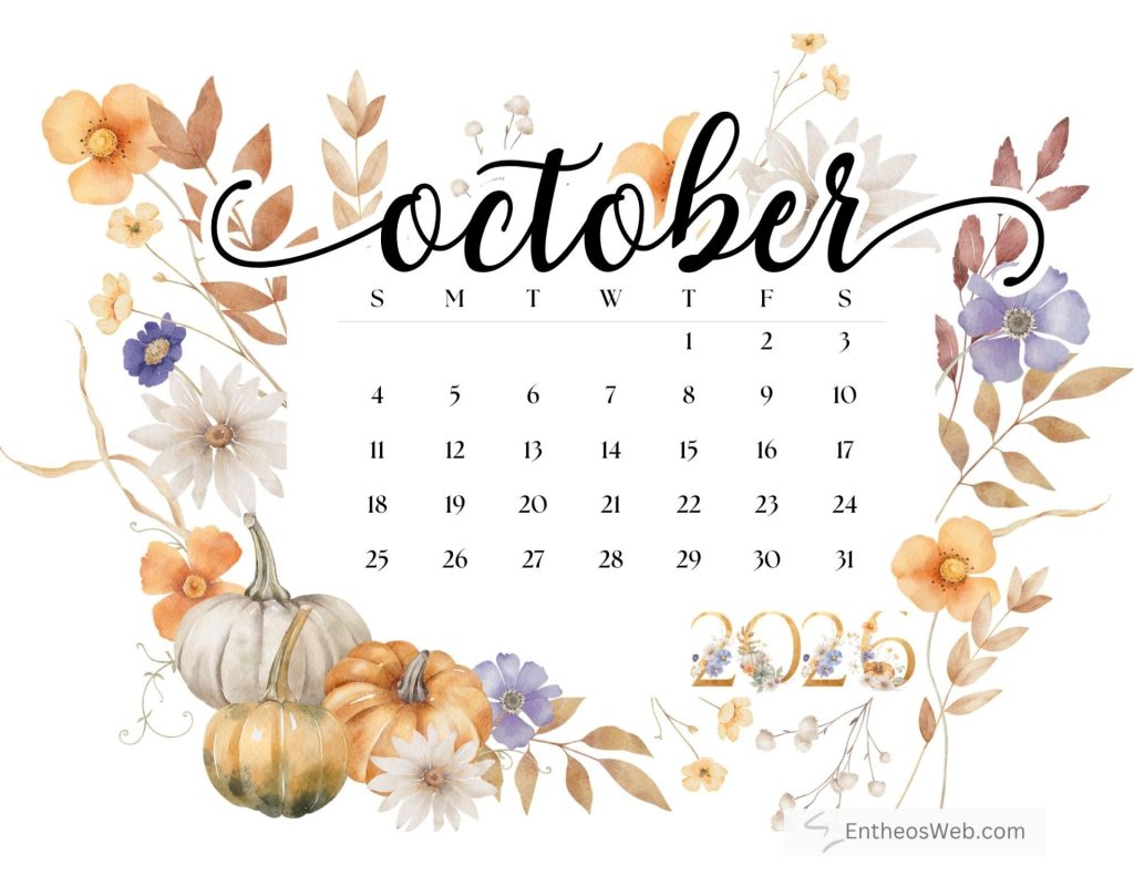 October calendar with watercolor floral border and pumpkins decorative design printable october 2026 calendar pumpkins by entheosweb