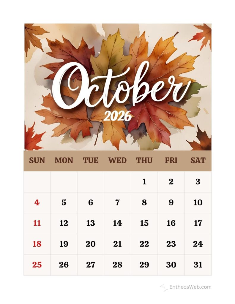 October 2026 calendar page with autumn leaves in the header and a sunday start grid of dates sunsat Printable october calendar 2026 fall leaves