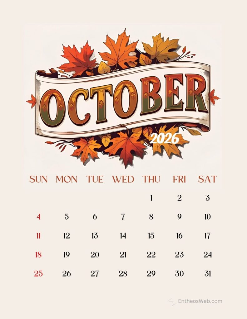 October 2016 calendar page with a banner of autumn leaves and weekly dates beneath it Printable october calendar 2026 fall leaves