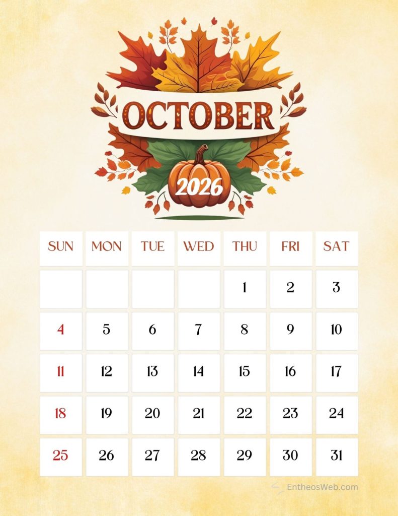 Autumn themed calendar header for october 2026 with a pumpkin and colorful leaves above a blank days grid Printable october calendar 2026 fall leaves and pumpkin