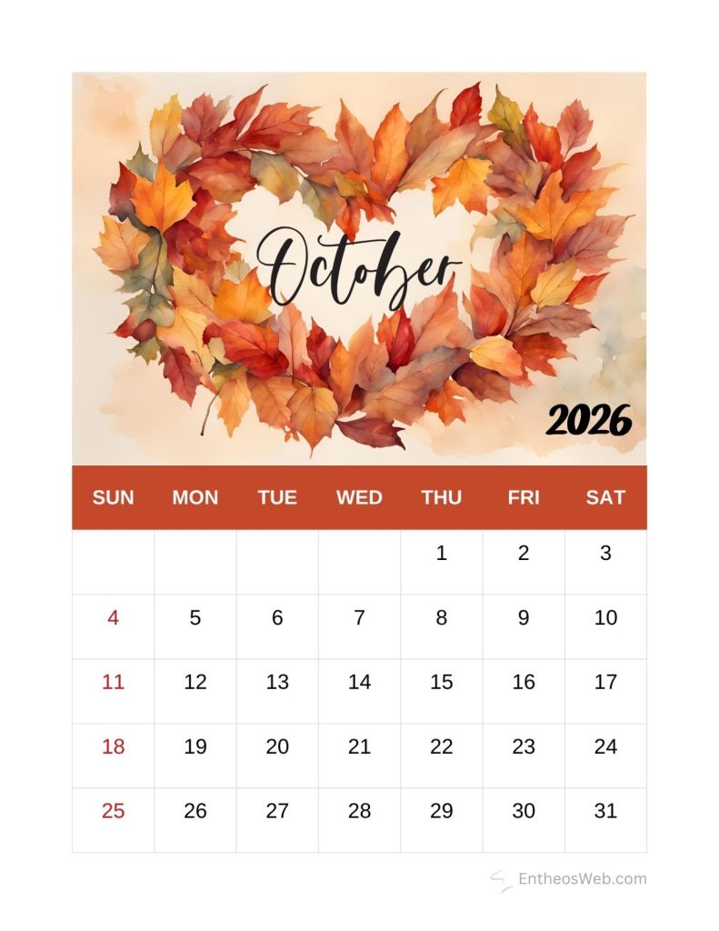 October 2026 calendar page with a border of autumn leaves and a sundaysaturday grid printable october calendar 2026 fall leaves heart