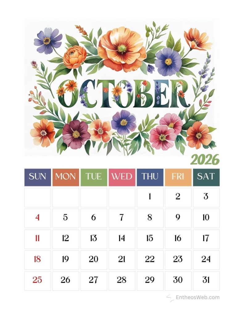 October 2026 calendar page with a colorful floral border surrounding the word october and a weekly grid of dates Printable october calendar 2026 flowers