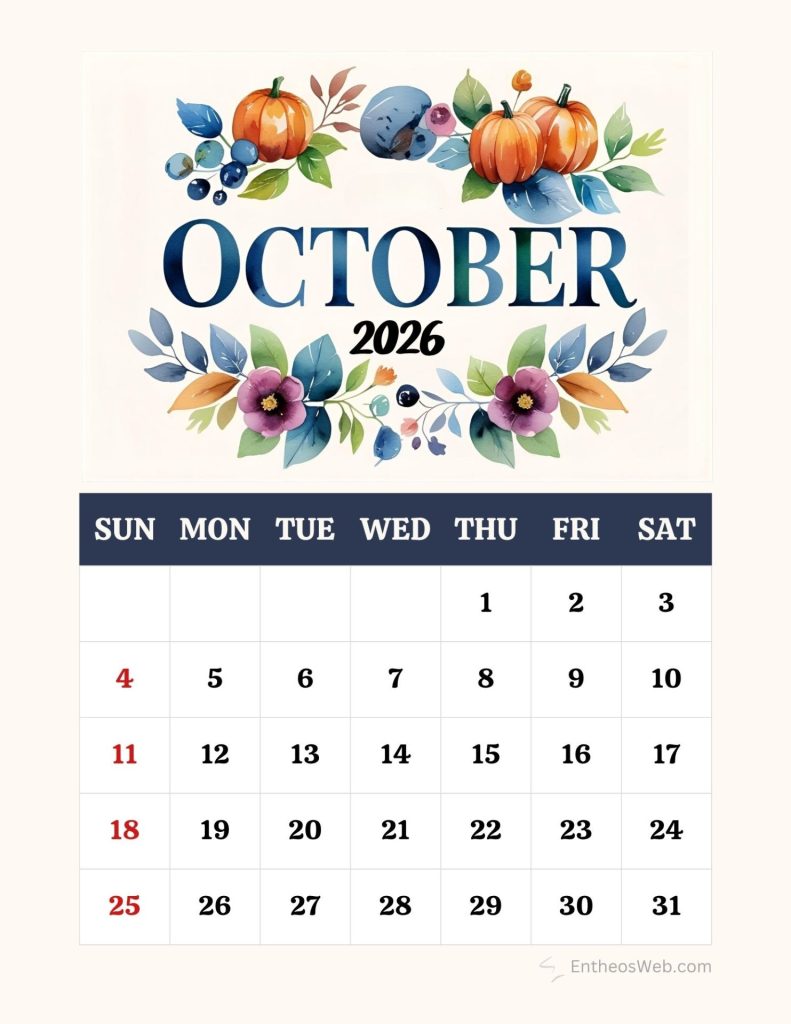 October 2026 calendar page with floral header and a sunsat grid sundays in red numbers Printable october calendar 2026 pumpkins and flowers