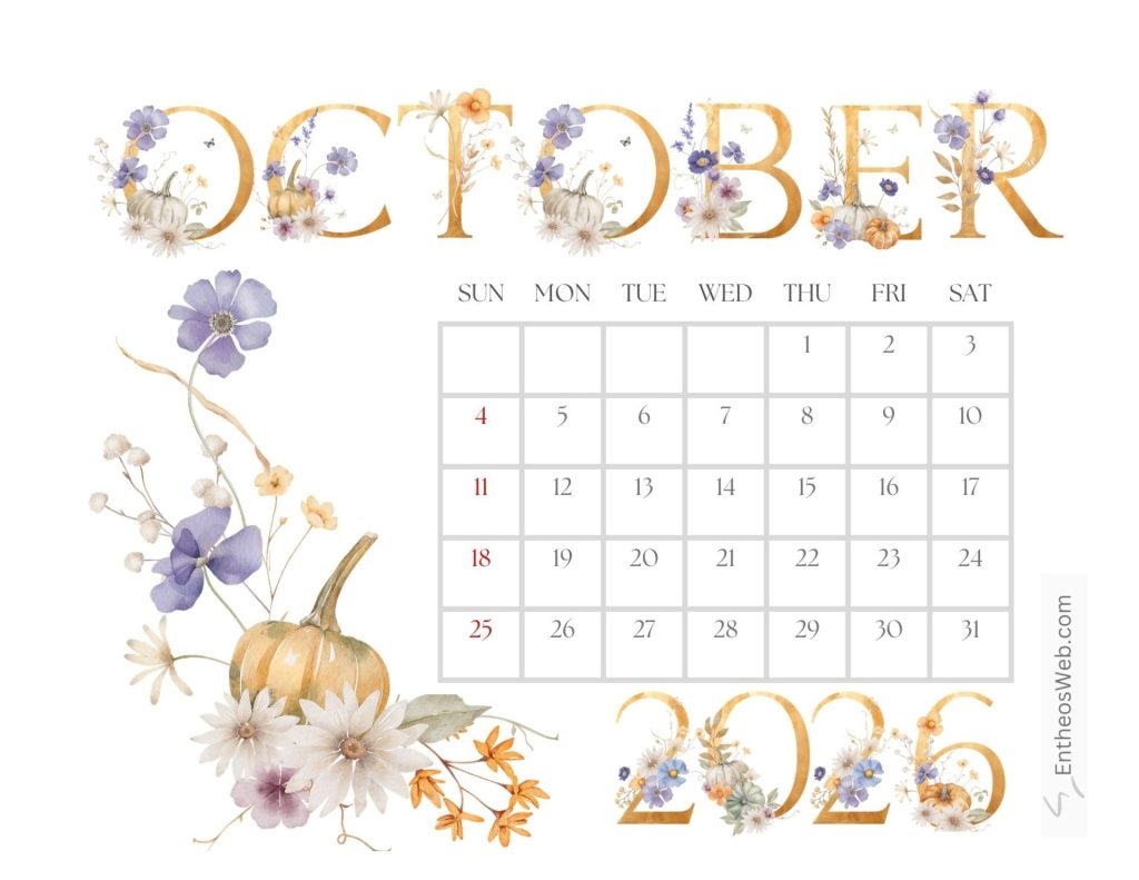 Decorative october calendar page with gold floral letters and a grid of dates Printable october typography calendar 2026 by entheosweb