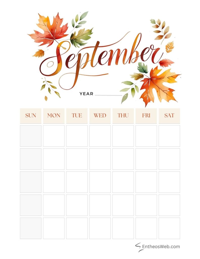 September blank calendar printables