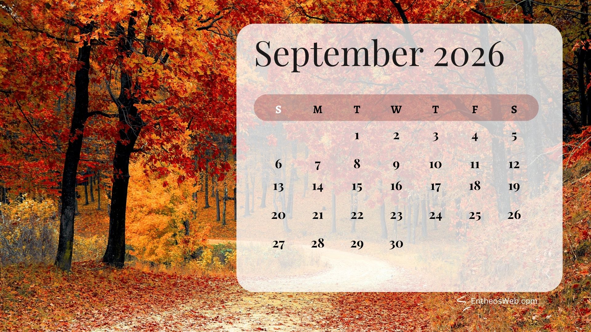 September 2026 calendar autumn forest | september 2026 desktop wallpapers | entheosweb September 2026 calendar overlay on an autumn forest background showing days of week s m t w t f s and calendar dates September 2026 calendar autumn forest