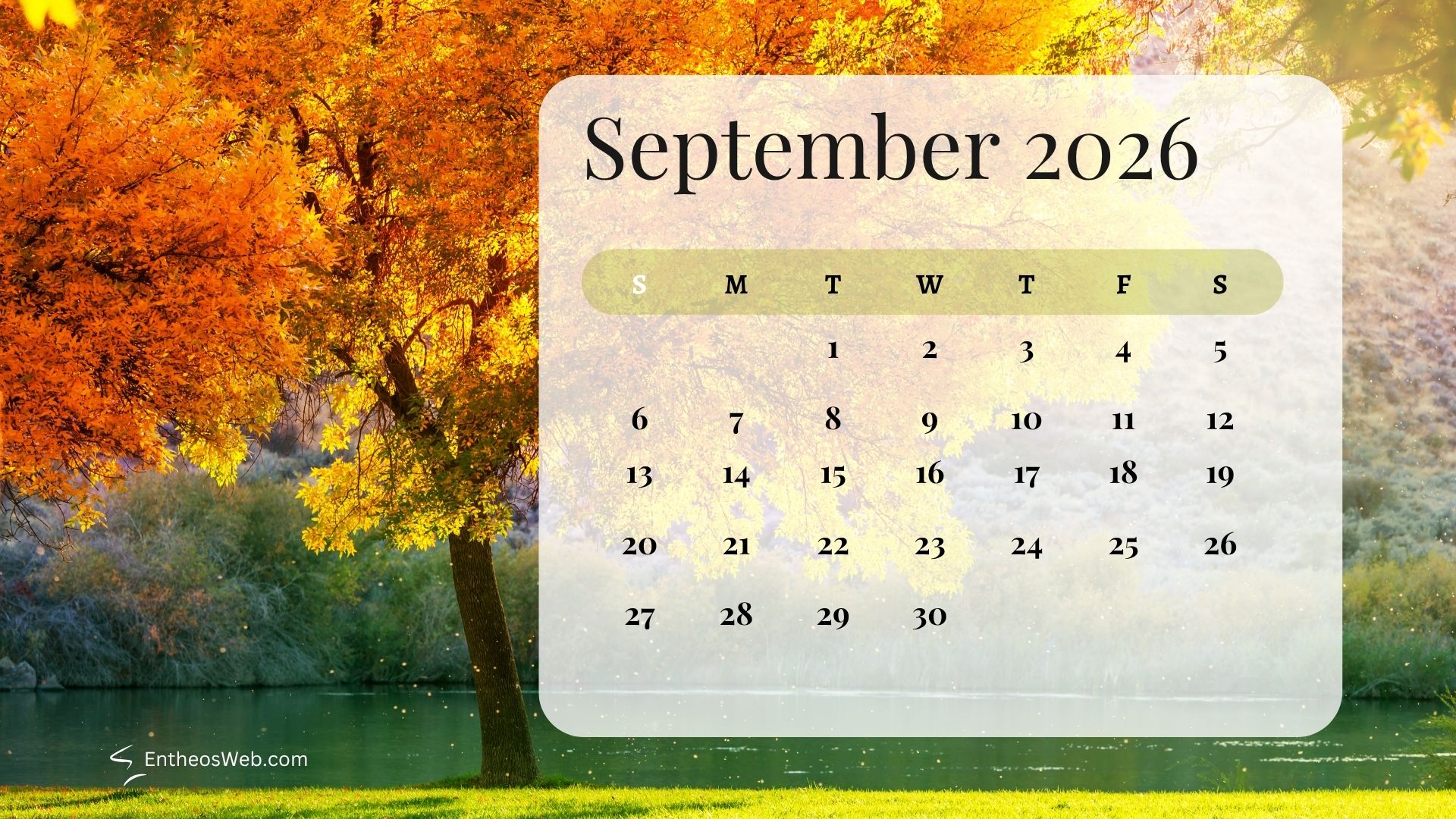 September 2026 calendar autumn | september 2026 desktop wallpapers | entheosweb September 2026 calendar overlay on a autumn scene by a lake with orange trees and a pale rounded card displaying days of the week and dates september 2026 calendar autumn