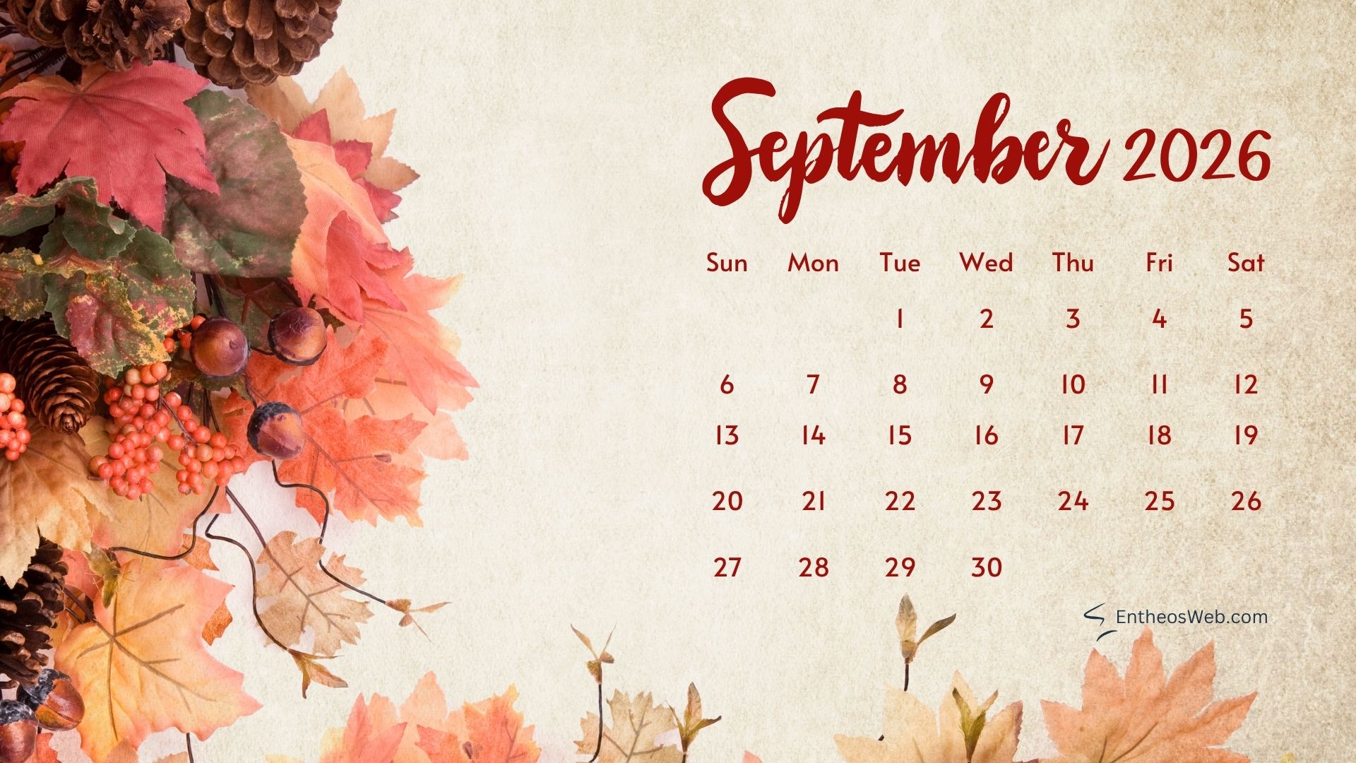 September 2026 calendar cones | september 2026 desktop wallpapers | entheosweb September 2026 calendar on a beige textured background with autumn leaves along the left edge September 2026 calendar cones
