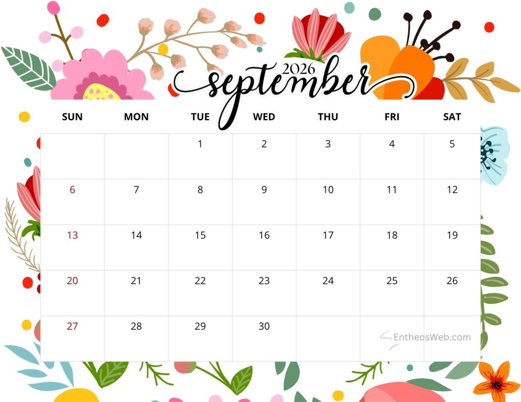 Decorative september 2026 calendar header with colorful flowers and a grid showing days and dates 130 September 2026 calendar flowers entheosweb 3