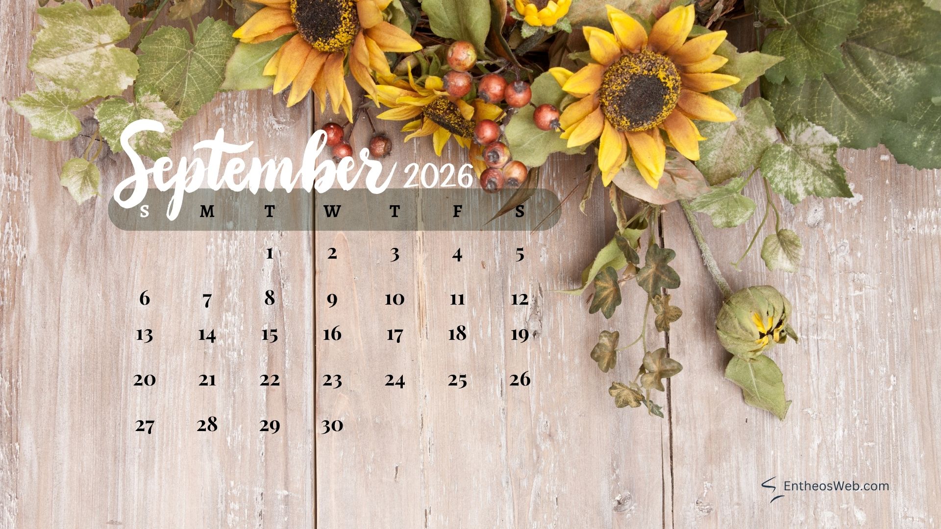 September 2026 calendar sunflowers on wooden background | september 2026 desktop wallpapers | entheosweb September 2026 calendar over a rustic wood background with yellow sunflowers and berries at the top right September 2026 calendar sunflowers on wooden background