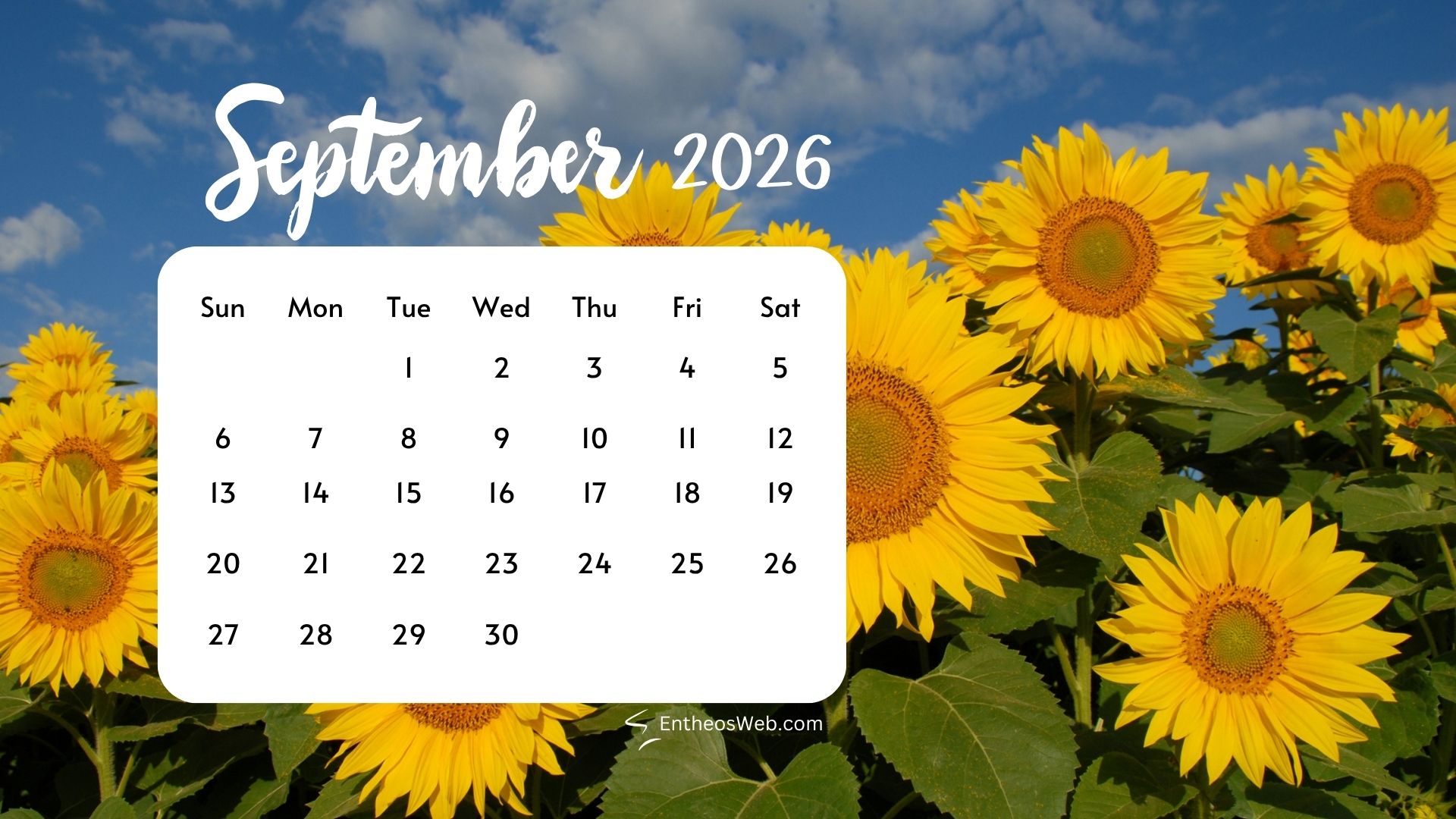 September 2026 calendar sunflowers | september 2026 desktop wallpapers | entheosweb September 2026 calendar grid over a backdrop of sunflowers and a blue sky September 2026 calendar sunflowers