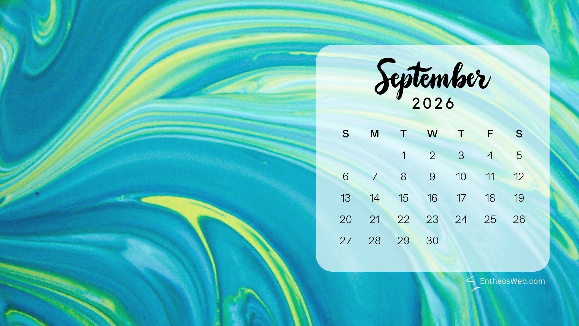 September 2026 desktop wallpaper abstract | september 2026 desktop wallpapers | entheosweb September 2026 calendar overlay on a blue green abstract marbled background with a rounded card and logo at the bottom right September 2026 desktop wallpaper abstract