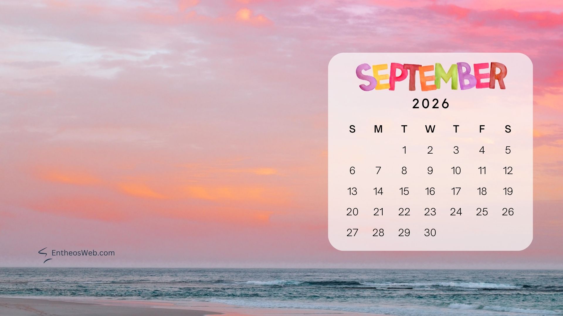 September 2026 desktop wallpaper beach | september 2026 desktop wallpapers | entheosweb September 2026 calendar overlay on a pink sunset beach background September 2026 desktop wallpaper beach