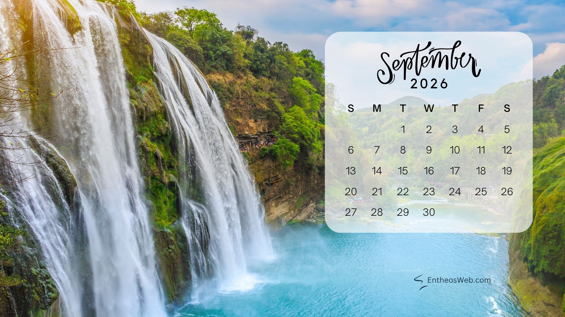 September 2026 desktop wallpaper waterfall | september 2026 desktop wallpapers | entheosweb September 2026 calendar overlaid on a lush waterfall scene with a translucent rounded panel september 2026 desktop wallpaper waterfall