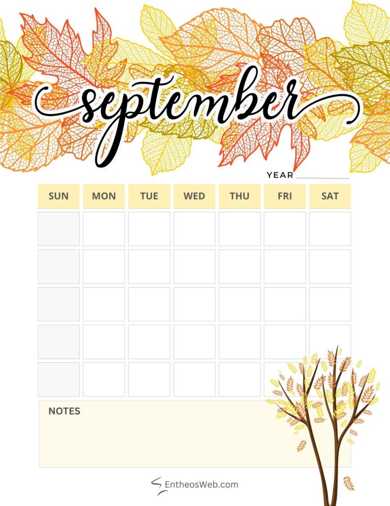 September blank calendar printables