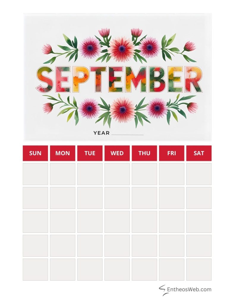 September blank calendar printables