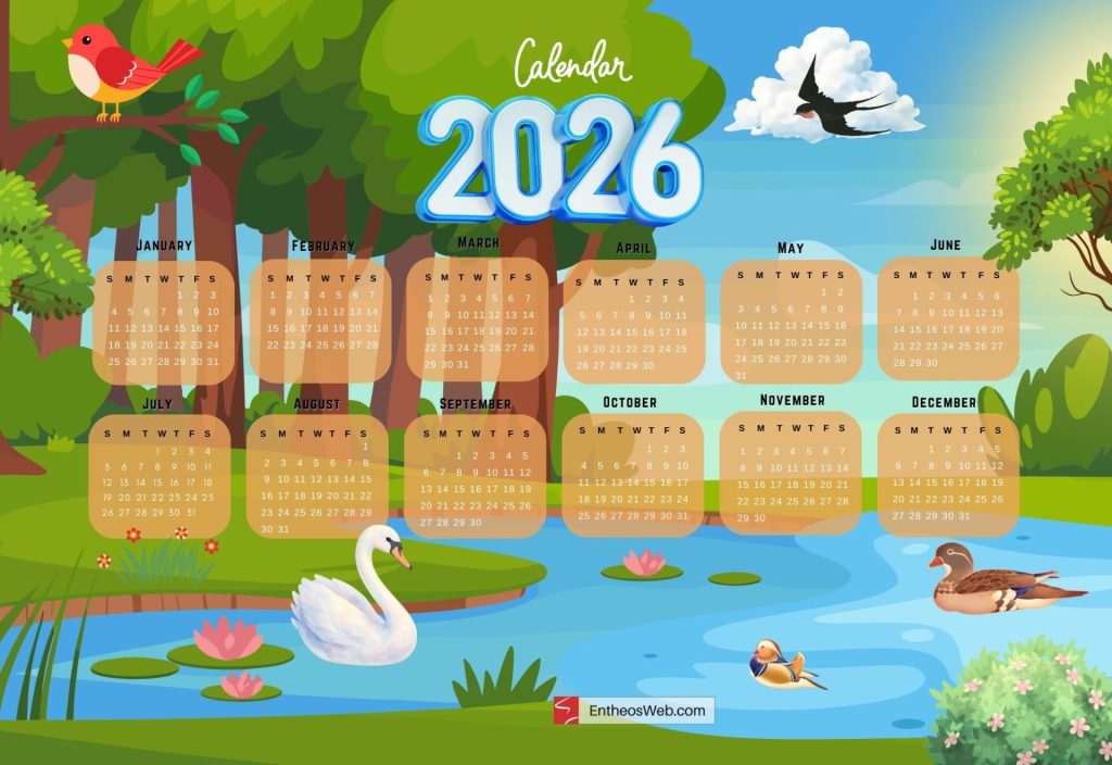 Trees and pond background with birds free yearly calendar 2026