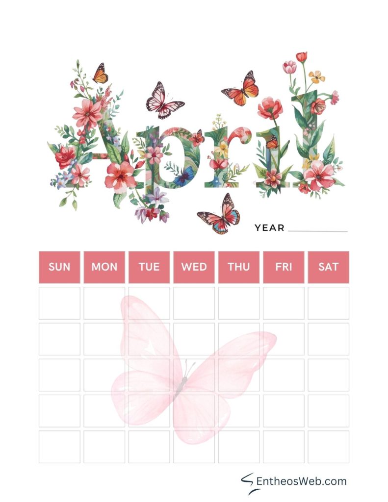 April blank calendar butterflies and flowers