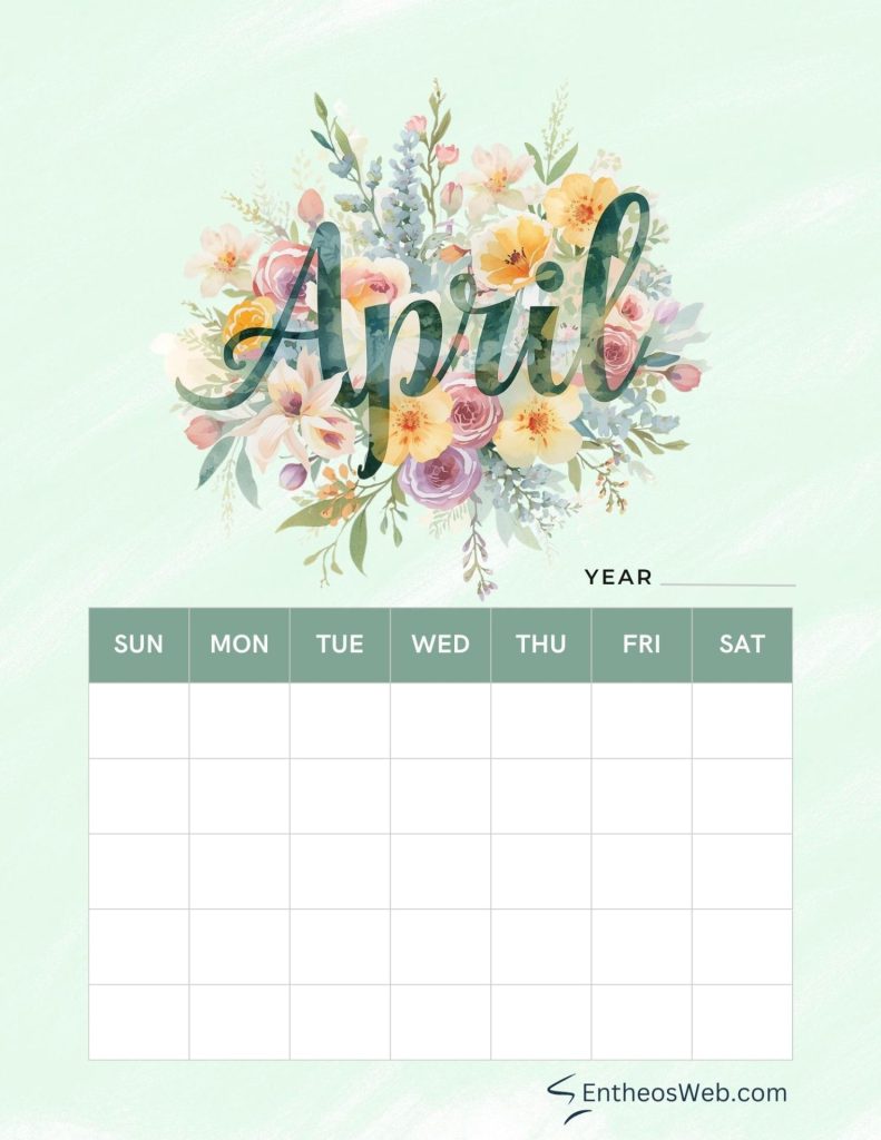 April blank calendar floral watercolor