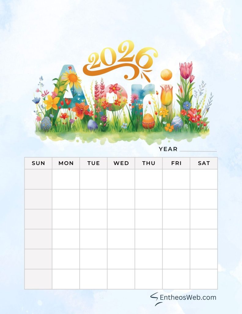 April blank calendar spring flowers and easter eggs