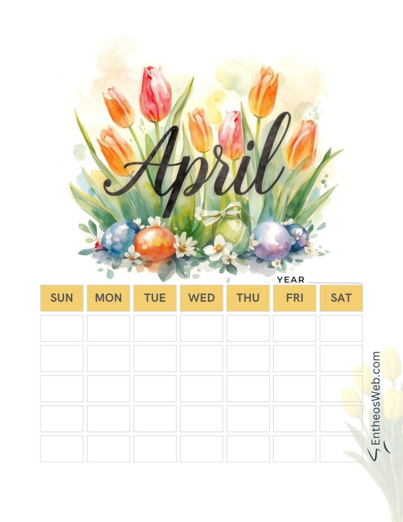 April blank calendar with easter and good friday highlighted tulips and easter eggs
