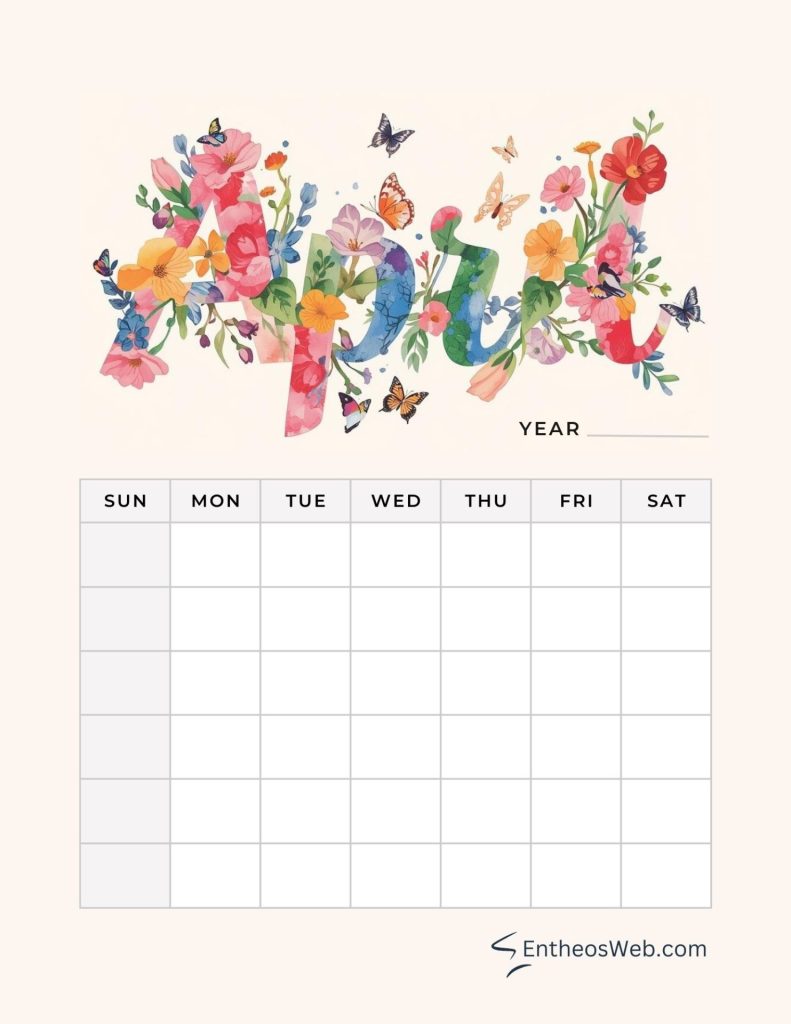 April blank printable calendar floral typograhy