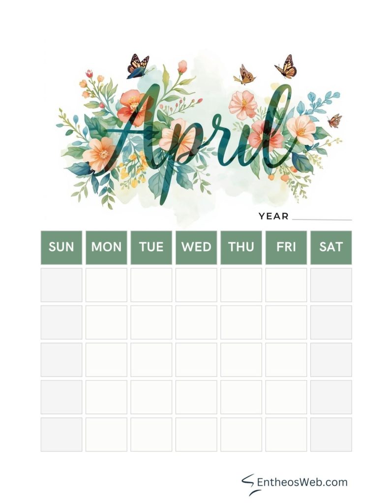 April blank printable calendar flowers and butterflies