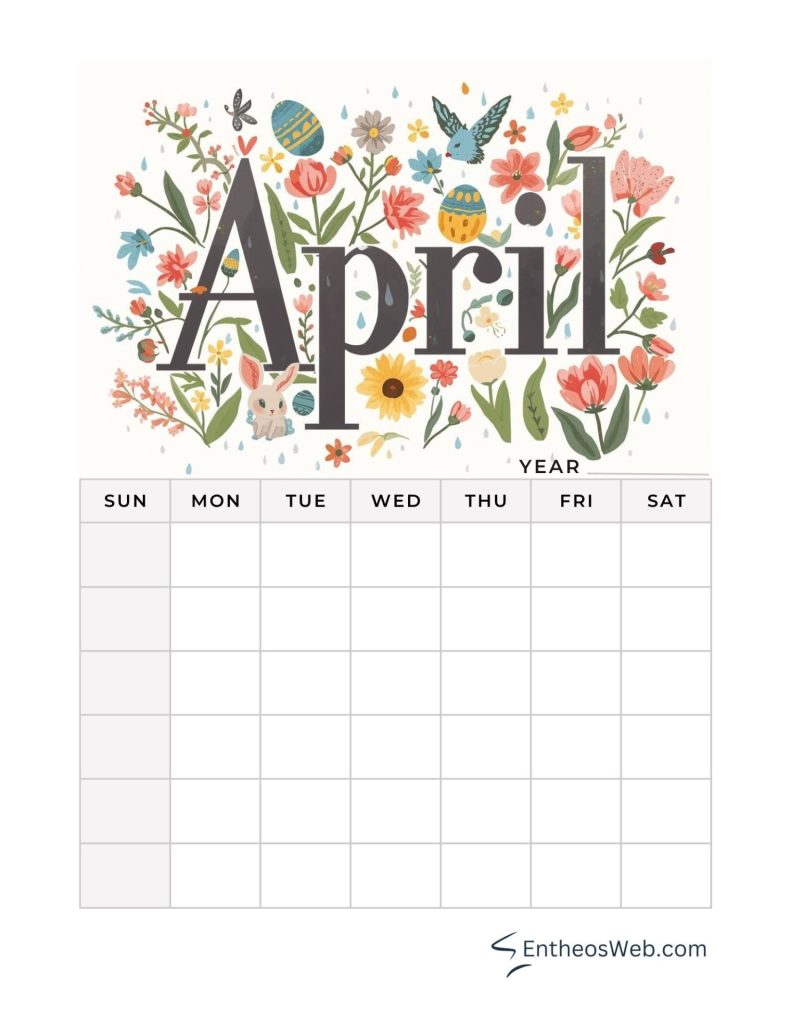 April blank printable calendar spring and easter