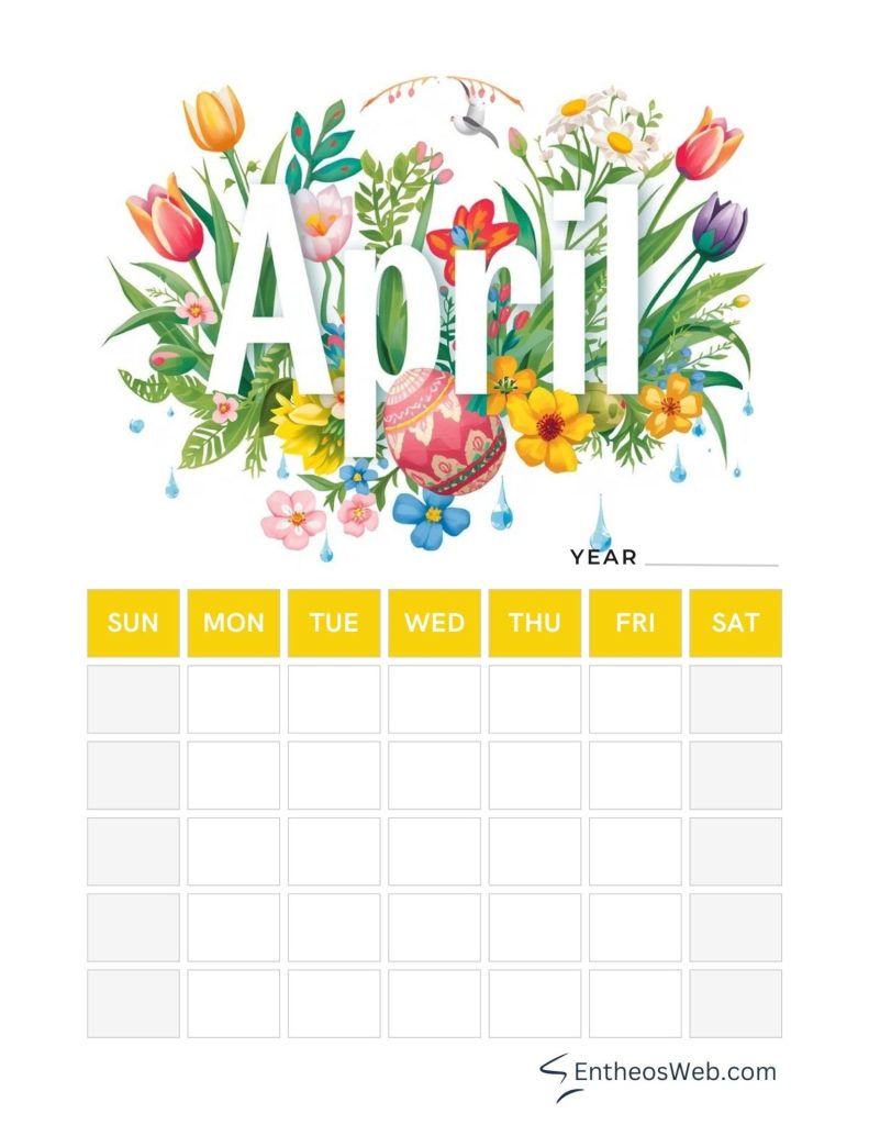April blank printable calendar with spring flowers and easter eggs