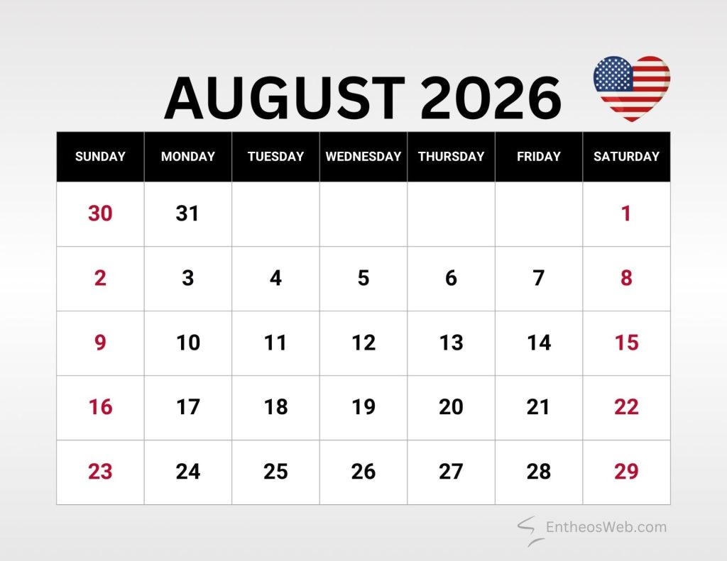 Month calendar for august 2026 with days laid out in a grid and a heart shaped us flag icon to the right of the month header August 2026 calendar with us holidays and observances