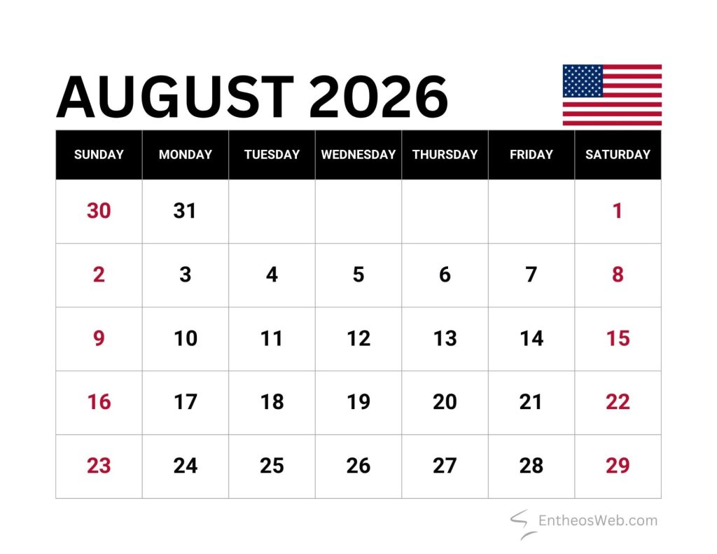August 2026 calendar view with days of week header and dates us flag in top right weekends marked in red on the calendar August 2026 calendar with us holidays and observances