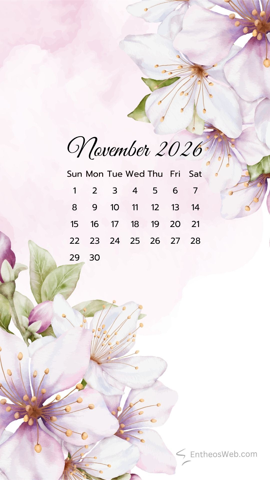 Beautiful november 2026 phone wallpaper calendar | november calendar phone wallpaper | entheosweb November 2026 calendar over a pink watercolor floral background with dates grid beautiful november 2026 phone wallpaper calendar