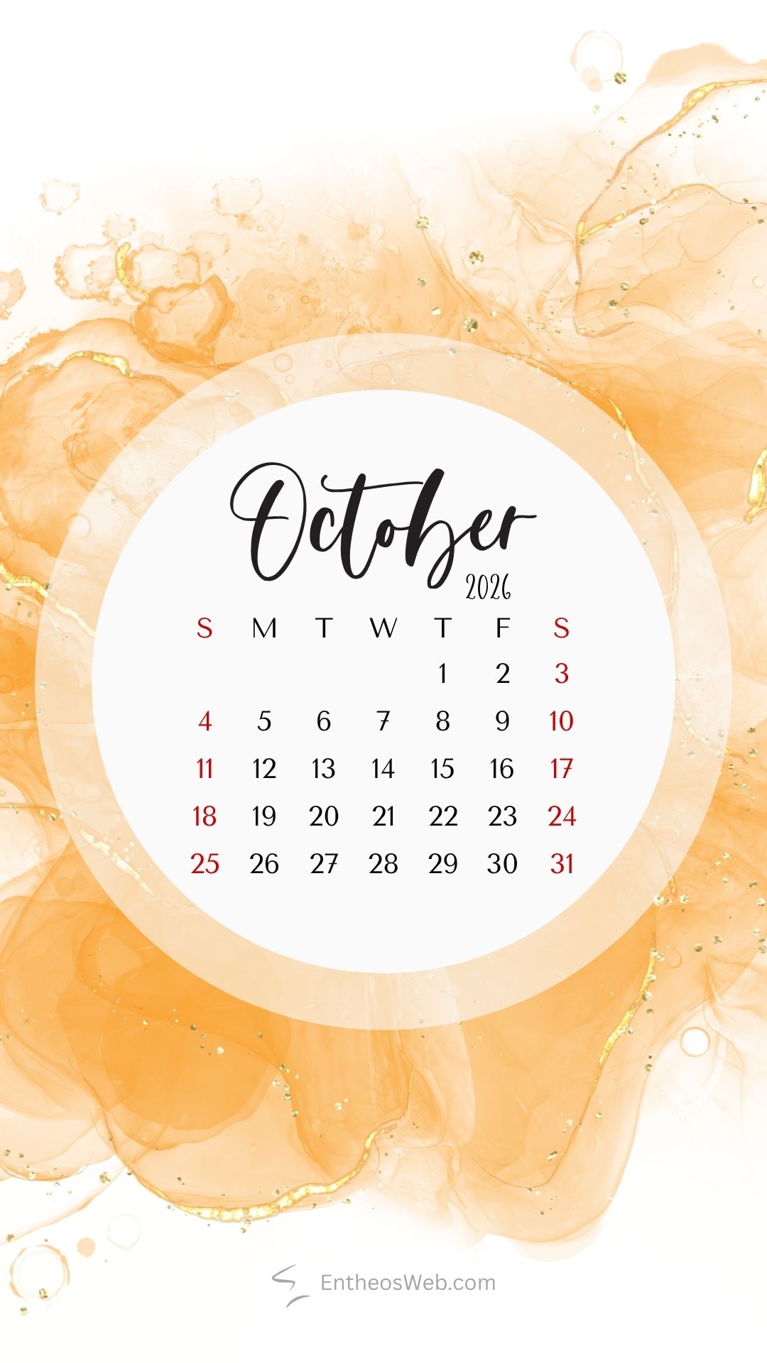 Circle design october 2026 phone wallpaper | october calendar phone wallpaper | entheosweb October 2021 calendar page on a white circular calendar with orange watercolor background sundays in red Circle design october 2026 phone wallpaper