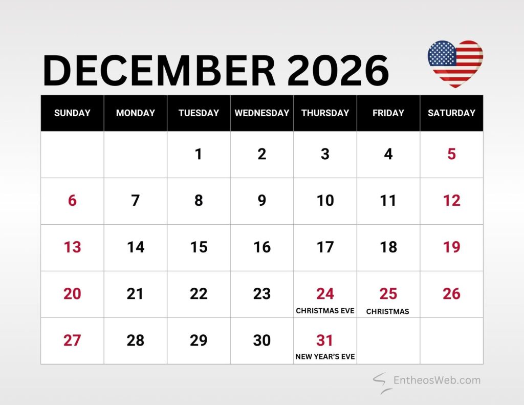 December 2026 calendar grid with sundays highlighted christmas eve on 24 christmas on 25 new years eve on 31 December 2026 calendar with us holidays and observances