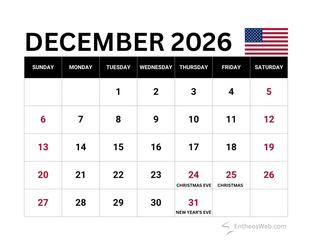December 2026 calendar showing sundays in red christmas eve on the 24th christmas on the 25th and new years eve on the 31st with a us flag in the header December 2026 calendar with us holidays and observances