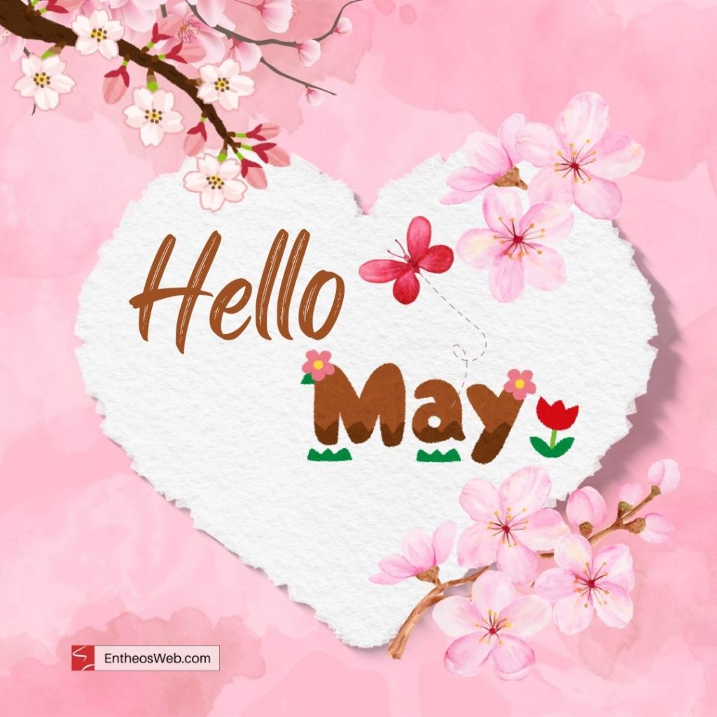 Hello may spring pink cherry blossom flowers with heart by entheosweb