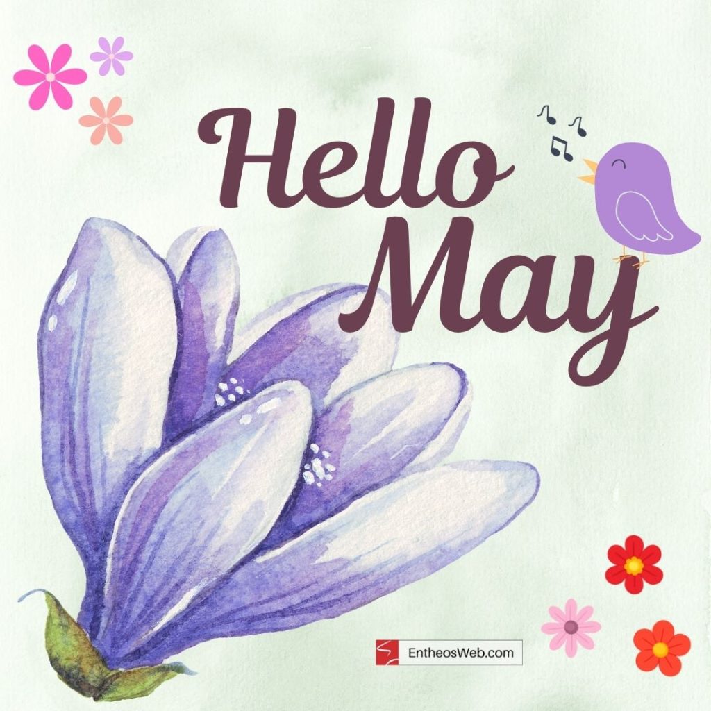 Hello may spring with purple flowers and singing bird design by entheosweb
