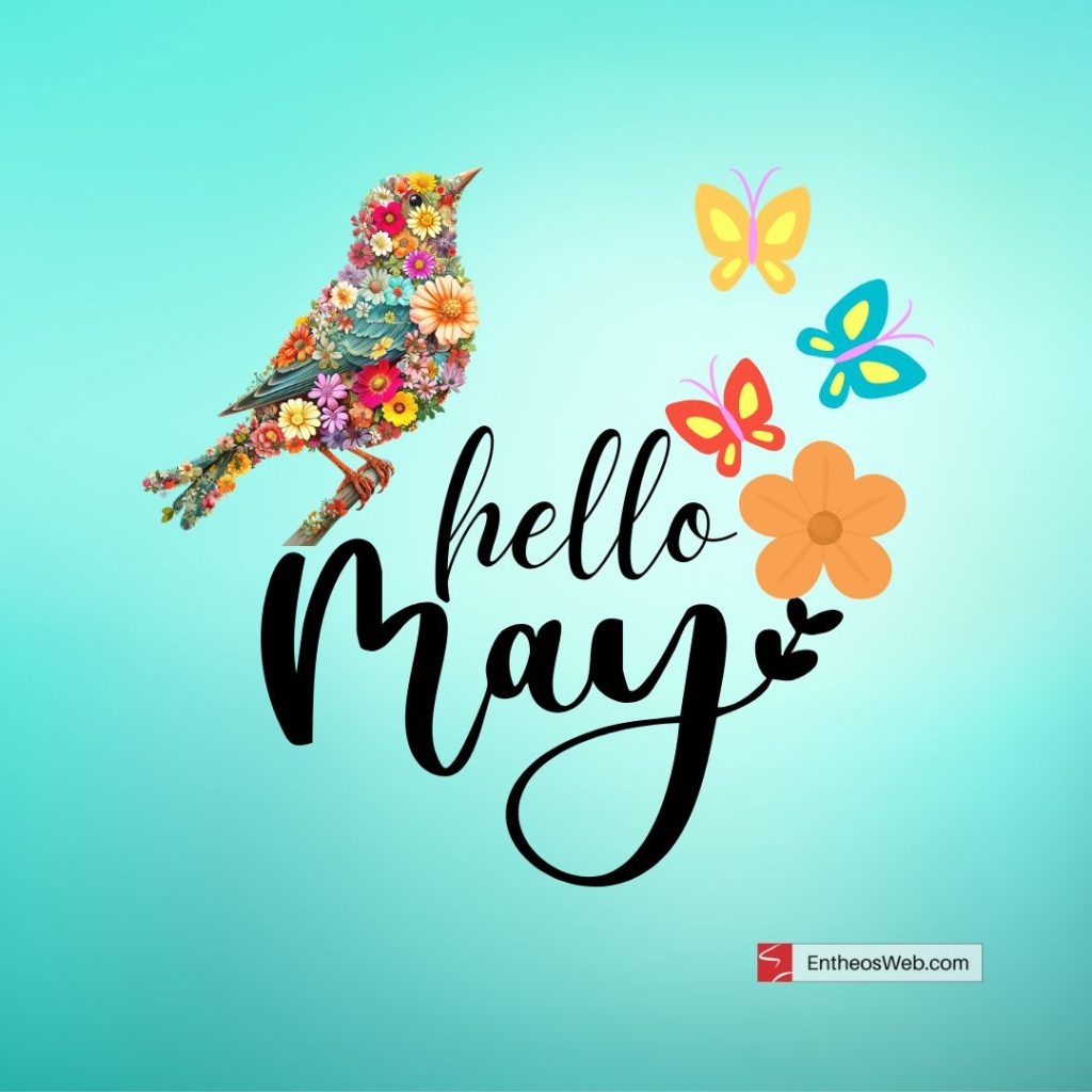 Hello may spring flowers colorful butterflies and bird by entheosweb