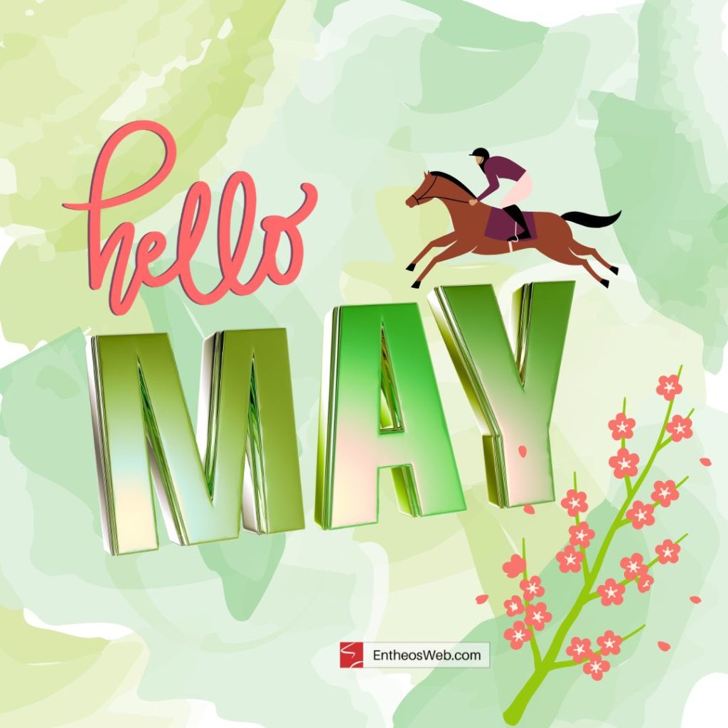 Hello may with flowers and derby in green background by entheosweb