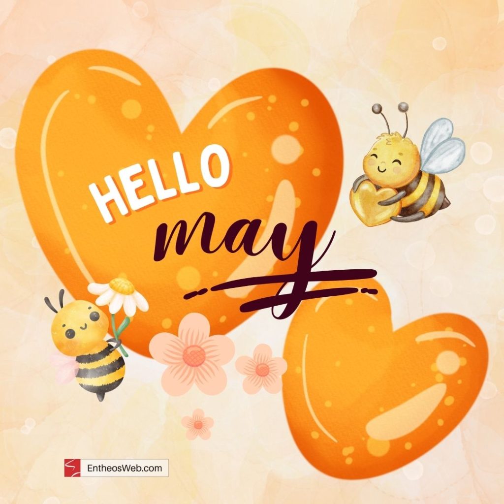 Hello may with flowers hearts  honey bee design by entheosweb