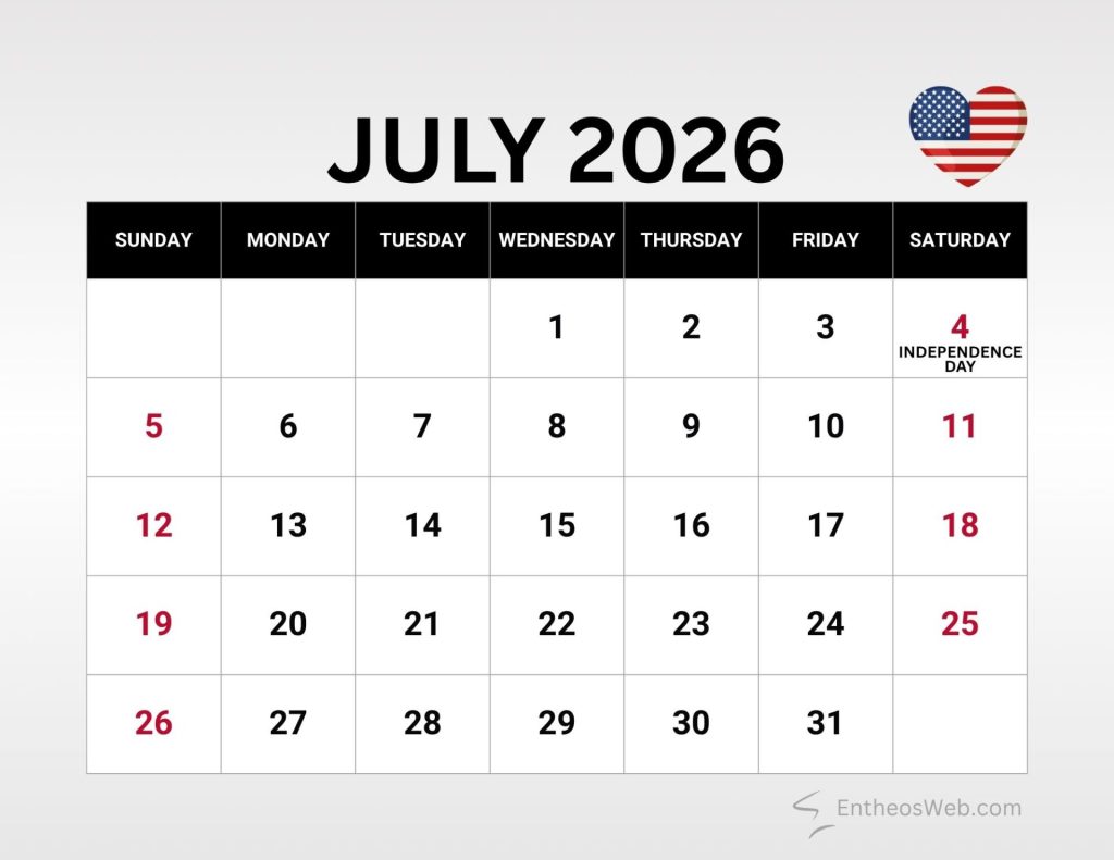 July 2026 calendar page with a heart shaped american flag icon july 4 labeled independence day in red July 2026 calendar with us holidays and observances