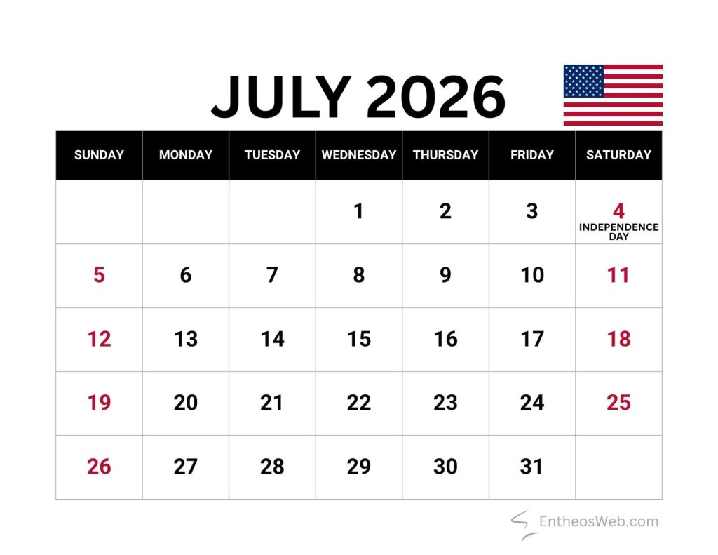 July 2026 calendar grid with american flag july 4 is red and labeled independence day in the top row area July 2026 calendar with us holidays and observances