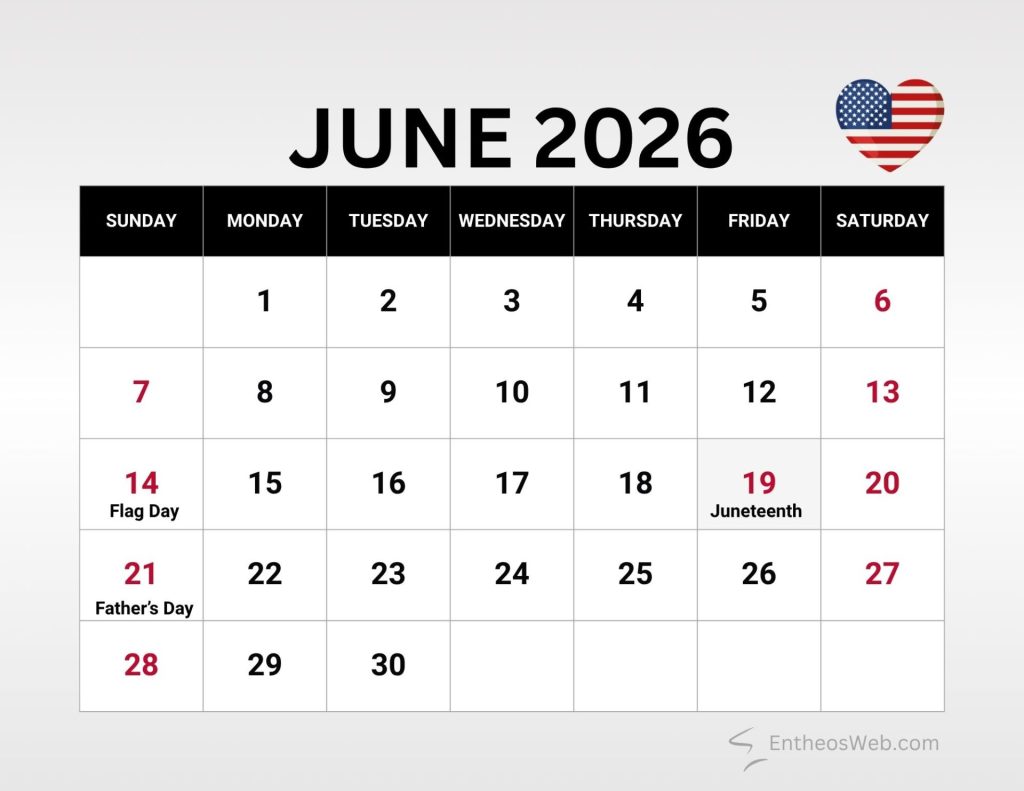 Month calendar for june 2026 showing days of the week with holidays flag day on june 14 juneteenth on june 19 and fathers day on june 21 A heart with the us flag is at top right June 2026 calendar with us holidays and observances