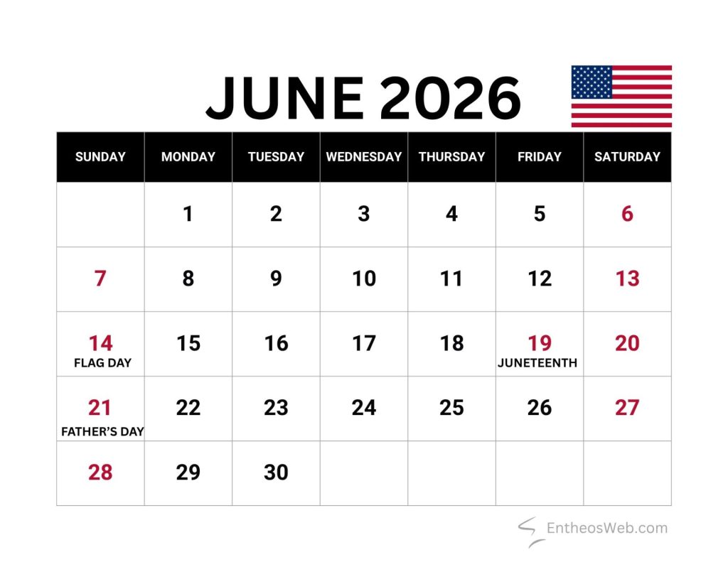 June 2026 calendar page with days 130 us flag in top right flag day on 14 juneteenth on 19 fathers day on 21 red dates June 2026 calendar with us holidays and observances