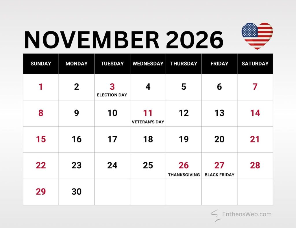 November 2026 calendar showing holidays election day 3 veterans day 11 thanksgiving 26 black friday 27 with a us flag heart November 2026 calendar with us holidays and observances
