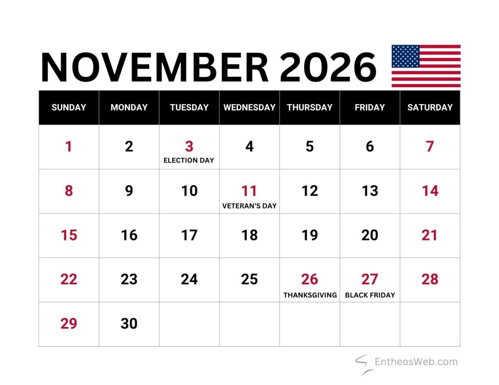 November 2026 calendar showing election day on 3 veterans day on 11 thanksgiving on 26 and black friday on 27 us flag in header November 2026 calendar with us holidays and observances