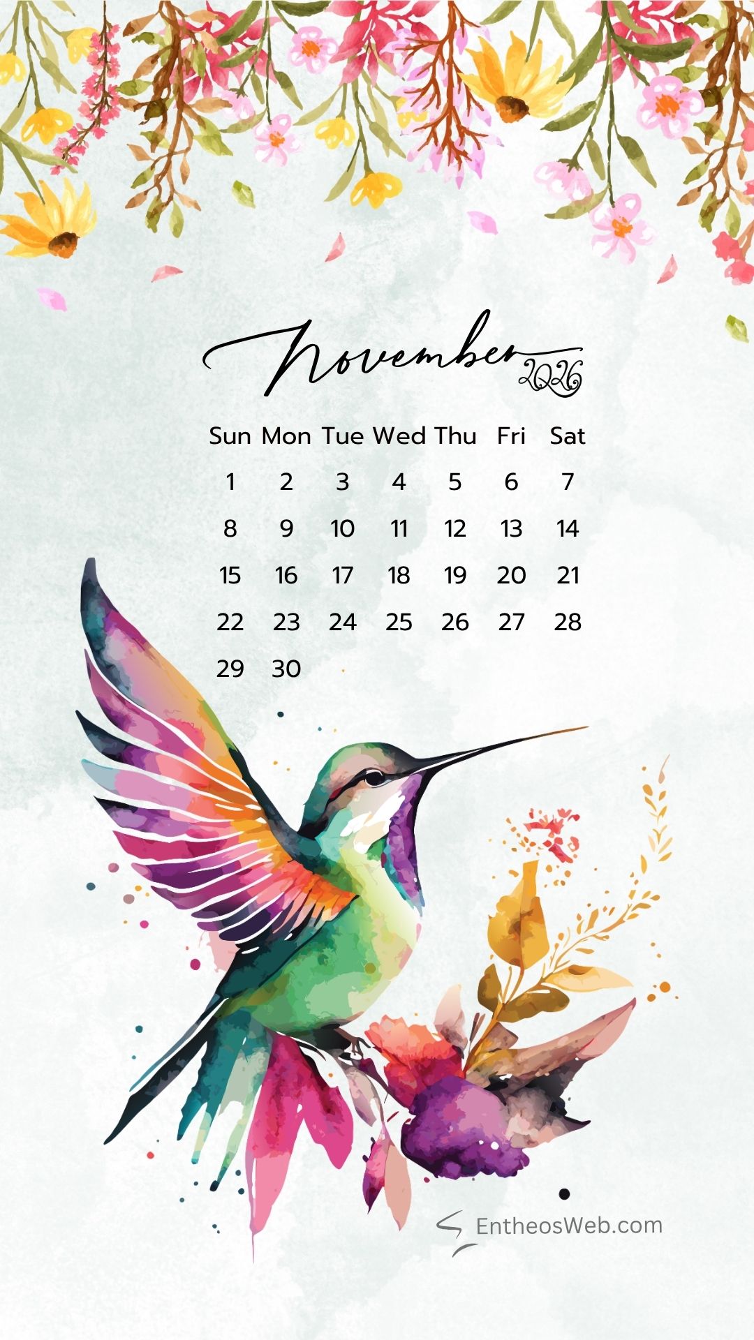 November 2026 phone wallpaper background colorful bird | november calendar phone wallpaper | entheosweb Watercolor hummingbird with colorful wings beside a november 2016 calendar grid and floral border November 2026 phone wallpaper background colorful bird